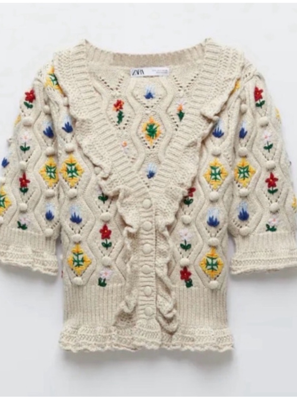Zara Embroidered Cream Cable-Knit Women’s Sweater Cardigan Medium NWOT